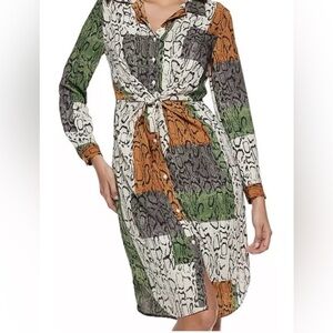 Great fall colored, snake print button down shirt dress with front tie!